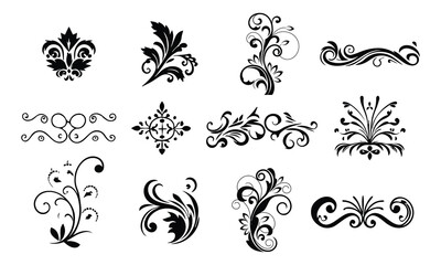 Floral Ornament Vector Set – Decorative Vintage Swirls and Elements in Black Silhouette Style
