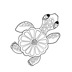 Fototapeta premium Cute cartoon sea turtle. Outline black and white drawing. Coloring book for children. Vector illustration isolated on white background.
