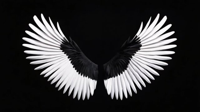 Stunning black and white wings displayed against a dark background, showcasing intricate feather details