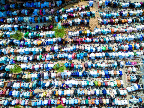 Aerial view of thousands of worshippers gather for Eid prayer in a vibrant display of faith and community at Dan Fodio Mosque in Unguwan Sunusi, Kaduna, Nigeria.