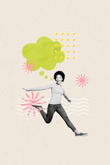 Trend artwork collage template composite sketch of young lady run smile happy voyage tourist agency travel holiday talk speech cloud