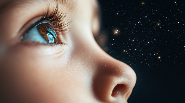 A close-up of a child's eye reflecting a starry night sky, symbolizing wonder, curiosity, and the vastness of the universe.