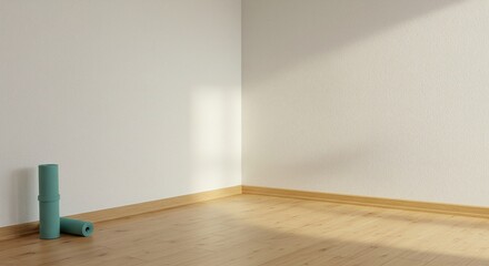 Minimalist room corner with light wood floors, white walls, and a rolled yoga mat in the corner.
