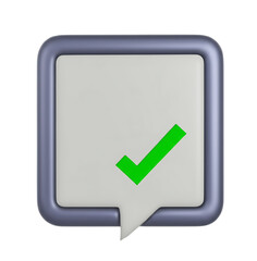 3d render of a green check mark in a speech bubble isolated on white background