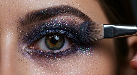 Close-up of a woman applying shimmering glitter eyeshadow with a brush for a glamorous makeup look.