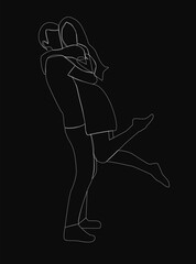 A man and woman are hugging each other in a black and white drawing. Scene is warm and affectionate