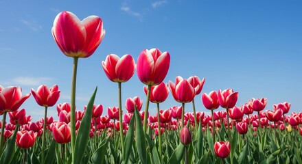 Field of vibrant red and white tulips in full bloom against a clear blue sky creates a beautiful floral scene.