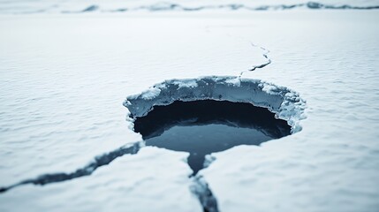 A cracked, frozen lake surface with a deep hole revealing dark water beneath the ice.