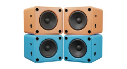 Four colorful cube speakers stacked isolated on white background