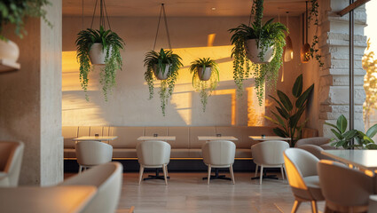 Obraz premium Stylish interior design featuring hanging plants modern tables and comfortable seating arrangement