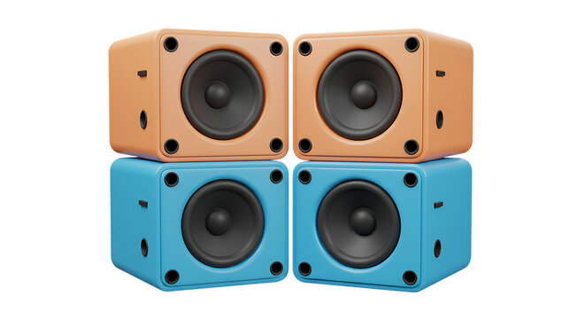 Four colorful cube speakers stacked isolated on white background