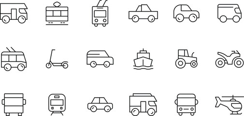 Comprehensive Collection of Transportation Icons Cars, Trucks, Trains, Buses, Scooters, and More – Perfect for Web and App Design