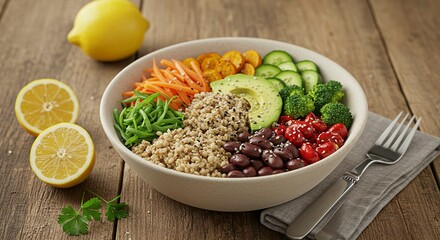 A vibrant and colorful bowl filled with fresh vegetables, grains, beans, and avocado. Nutritious meal.
