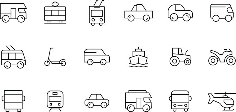Comprehensive Collection of Transportation Icons Cars, Trucks, Trains, Buses, Scooters, and More – Perfect for Web and App Design