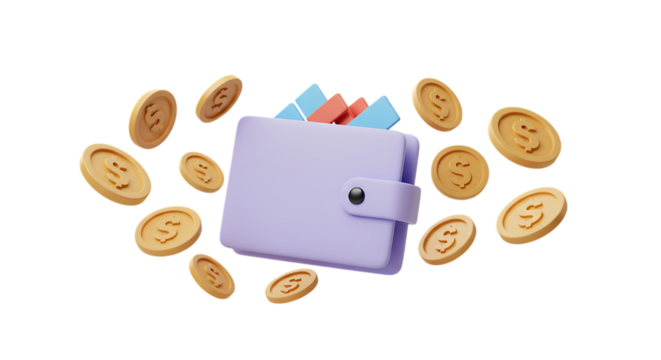 Purple wallet with dollar coins falling around isolated on white background