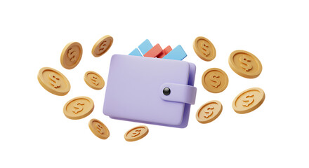 Purple wallet with dollar coins falling around isolated on white background