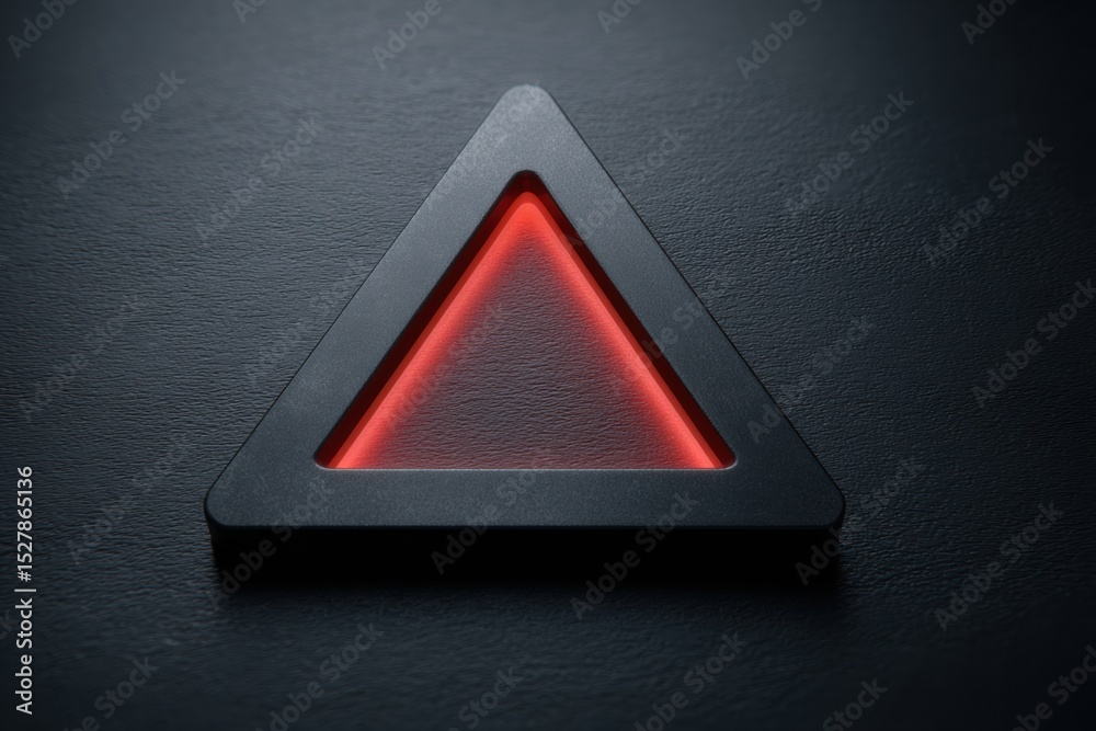 Poster warning triangle illuminates on a dark matte surface, creating a striking contrast and indicating ca