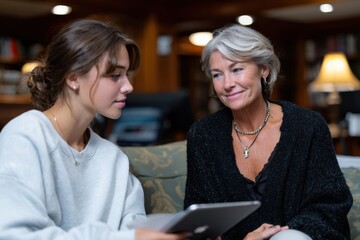 A woman and a teenage girl engage in an intimate conversation, sitting together on a couch, with a cozy library atmosphere surrounding them, showcasing connection and warmth.