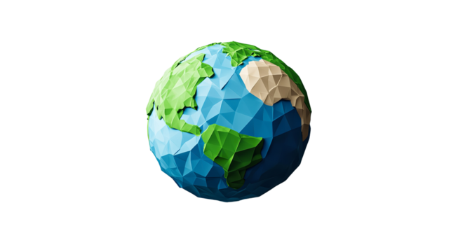 A stylized polygon Earth globe promoting global on transparent background - Powered by Adobe