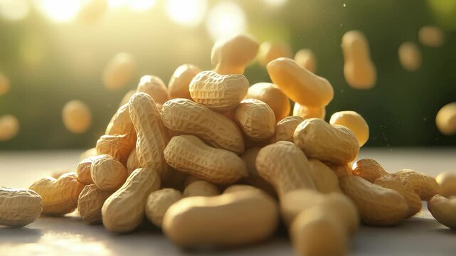 A mound of unshelled peanuts sits on a surface with more peanuts falling around, illuminated by soft natural light, creating a dynamic and natural scene.