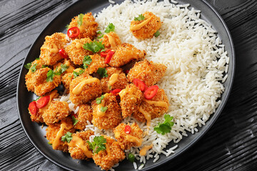 panko-breaded chicken bites with rice and sauce