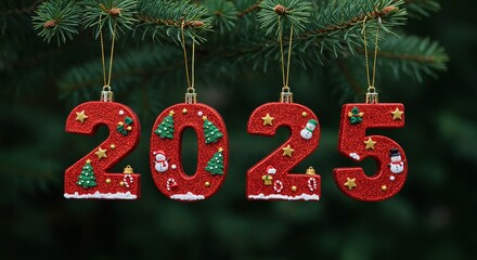 Festive decorations in the shape of the year '2025' hanging on a Christmas tree branch, symbolizing New Year.