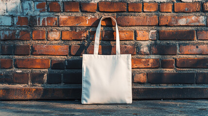 Blank white tote bag mockup on concrete wall