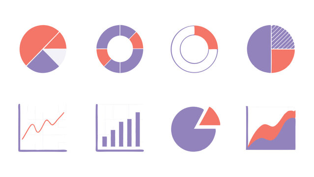 A collection of eight different types of graphs and charts in purple coral and white colors