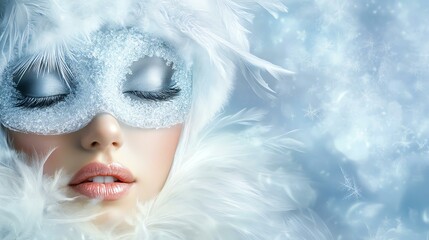 A serene woman with a mask surrounded by sparkling winter elements.