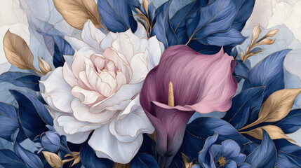 Elegant decorative soft pastel burgundy and white flower with gold accents and cobalt blue leaves on background in 3D oil painting style for modern wall art and interior design	