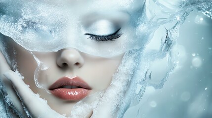 A serene face partially covered in ice, reflecting tranquility and cold beauty.