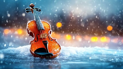 A beautiful violin resting in the snow, surrounded by a magical winter ambiance.