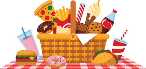 Colorful picnic basket filled with fast food, snacks, drinks, desserts, vector illustration, summer meal scene, flat cartoon design