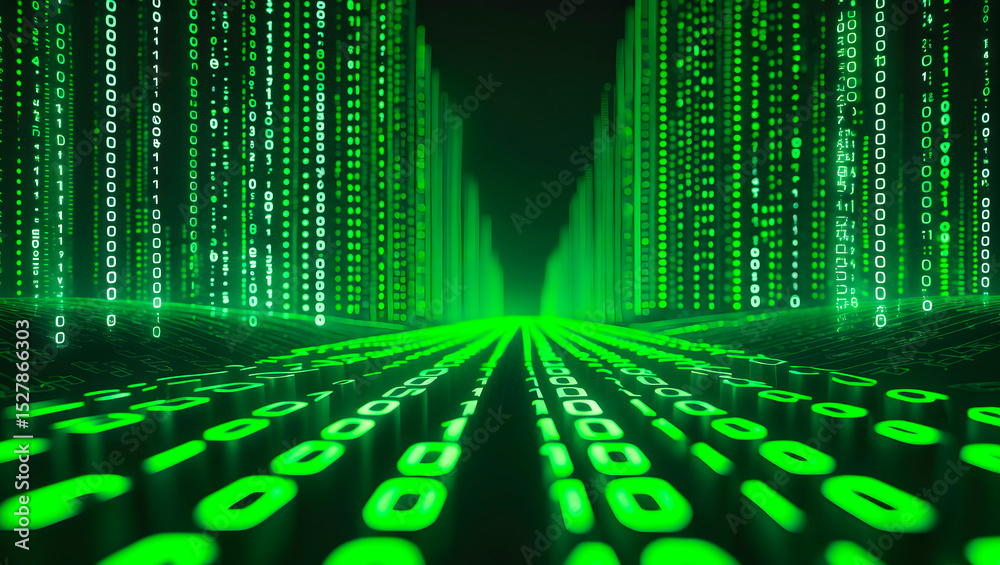 Wall mural an illustration of a digital room with green binary code. digital matrix background. ai-generated