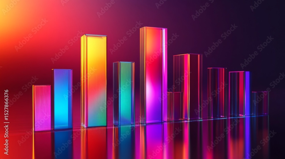 Aufkleber D bar chart with a gradient color scheme, set on a reflective surface, capturing light beautifully, representing analytical data in a visually appealing manner.