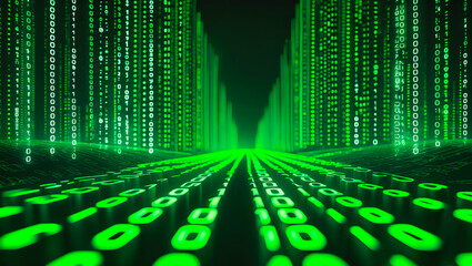 An illustration of a digital room with green binary code. Digital matrix background. AI-Generated