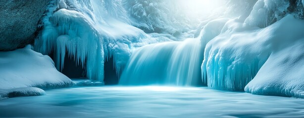 Tranquil icy waterfall cascading through a serene winter landscape.