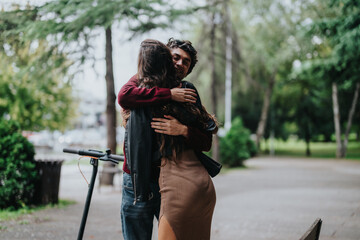 Two people share a heartfelt hug in a lush green park, capturing emotions of warmth, joy, and friendship. The serene outdoor environment enhances the joyous mood of the reunion.