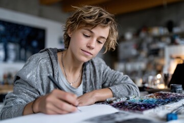 A teenage boy skillfully paints with watercolors, immersed in creativity within an artistic studio environment that fosters self-expression and artistic exploration.