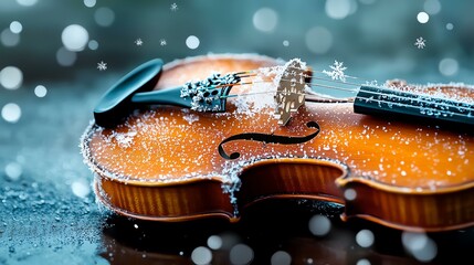 A beautifully crafted violin adorned with snowflakes, evoking a serene winter atmosphere.