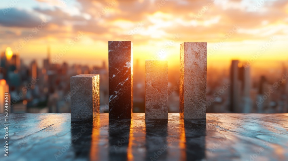 Poster D bar graph with a rough stone texture on each bar, contrasting against a polished surface, symbolizing resilience in data trends and statistics.