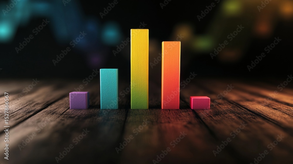 Poster D vertical bar graph with textured surfaces reflecting light, arranged on a wooden table, evoking a sense of depth and realism in data visualization.