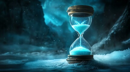 A mesmerizing hourglass filled with vivid blue sand, symbolizing the passage of time.