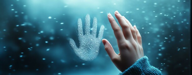 A hand touches a foggy glass, evoking feelings of longing and solitude.