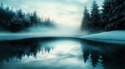 Serene winter landscape with misty reflections on calm water and evergreen trees.