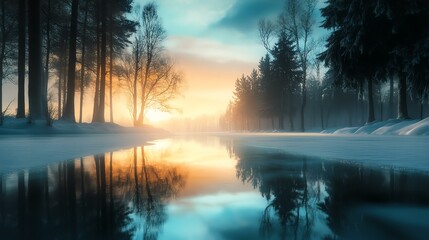 Stunning winter landscape with a serene river reflecting a colorful sunset.