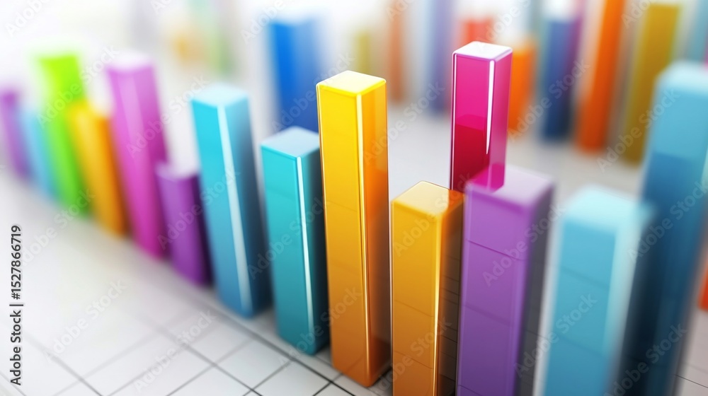 Leinwandbilder Abstract D bar graph with geometric shapes and bright colors, casting soft shadows on a white background, showcasing a dynamic representation of data.