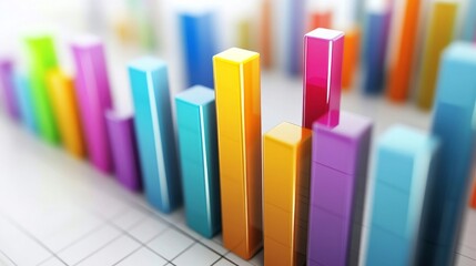 Abstract D bar graph with geometric shapes and bright colors, casting soft shadows on a white background, showcasing a dynamic representation of data.