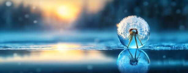 A dandelion seed glistens in the frosty blue morning light, reflecting nature's beauty.
