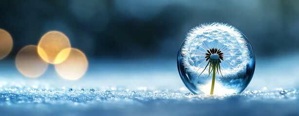 A delicate flower encased in a glass orb, surrounded by snowy scenery and soft light.